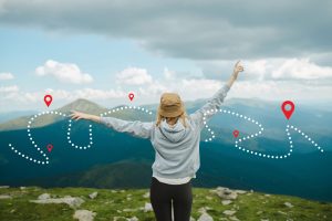 Traveling,Caucasian,Female,Traveler,Explorer,Rise,Hand,Up,Hiking,To
